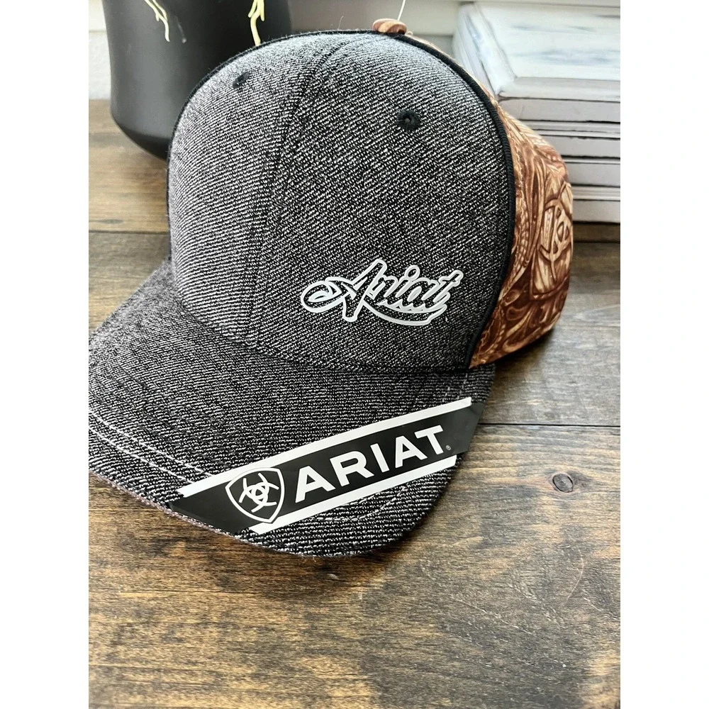 Ariat Mens Hat Baseball Cap Brown Snapback Logo Floral Grey New